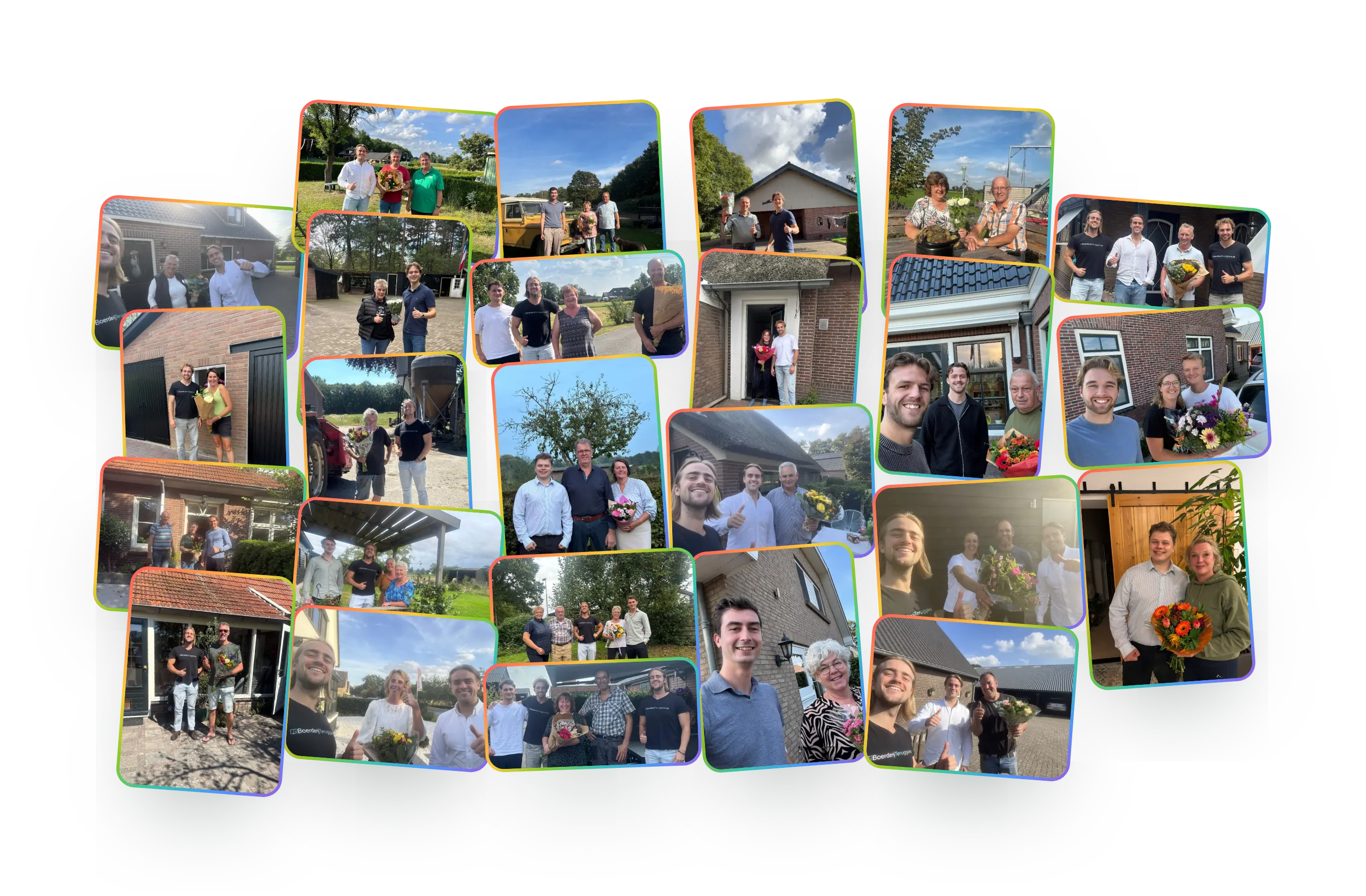 Collage van klanten met een bos bloemen, samen met ons team, na een geregelde teruggave